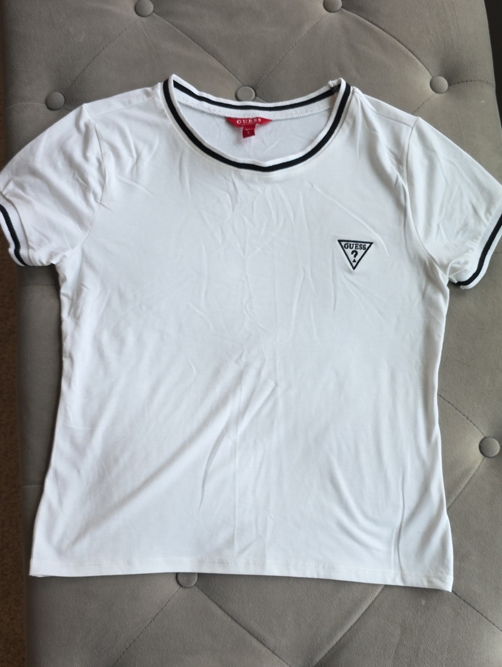 GUESS White Short Sleeve Logo Ringer Tee with Black Trim